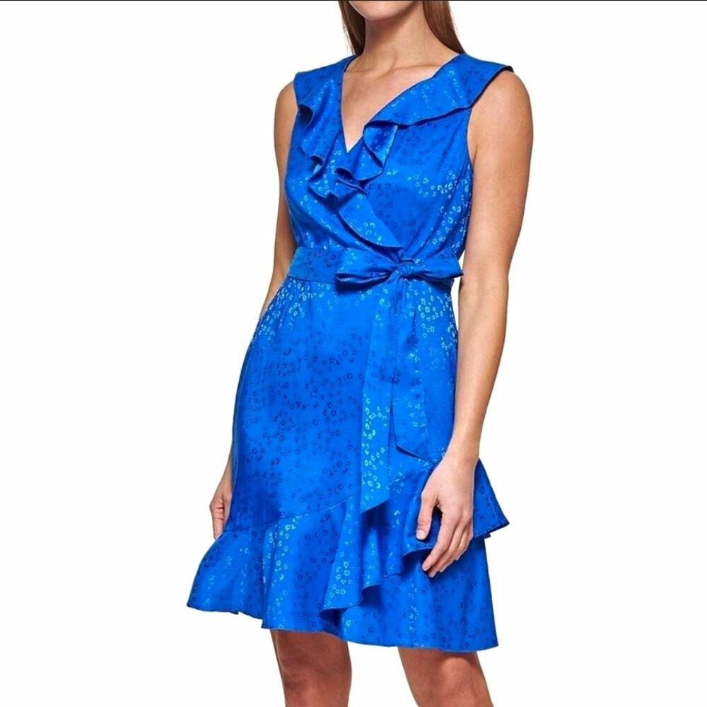 DKNY Blue Floral Chiffon Ruffle Belted Wrap Dress V-Neck Sleeveless 12 NWT